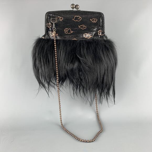 TSUMORI CHISATO Gold Copper Print Leather Goat Hair Trim Kiss Lock Bag - Picture 1 of 7